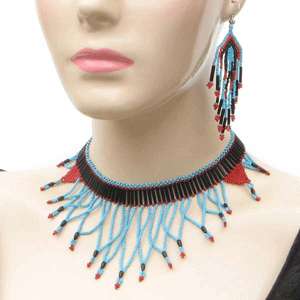 BLACK BLUE RED BEADED EGYPTIAN NECKLACE EARRINGS SET  