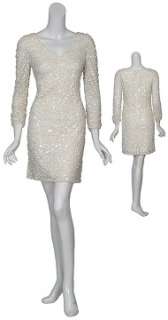 Angelic fully sequins white cocktail dress has long sheer sleeves with 