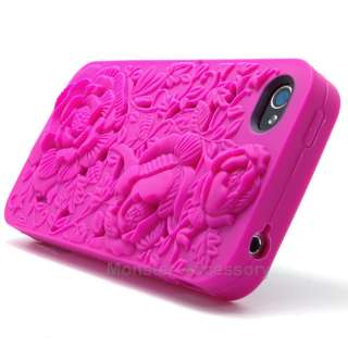 Pink 3D Rose Silicone Soft Skin Gel Case Cover For Apple iPhone 4 4S 