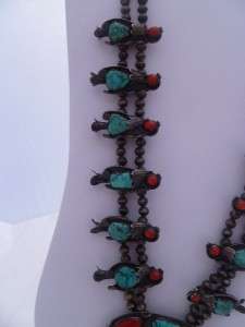   sterling silver hand made turquoise and coral squash blossom necklace