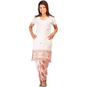 White Two Piece Madhubani Salwar Kameez Suit with Hand Painted Fishes 