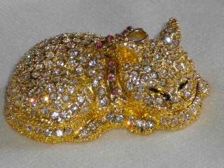 Lazy Cat* Gold Swarovski Crystals Jewelry Trinket Box  