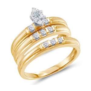 Trio Diamond Rings Bridal Set Engagement Wedding Yellow Gold 1/4 ct 